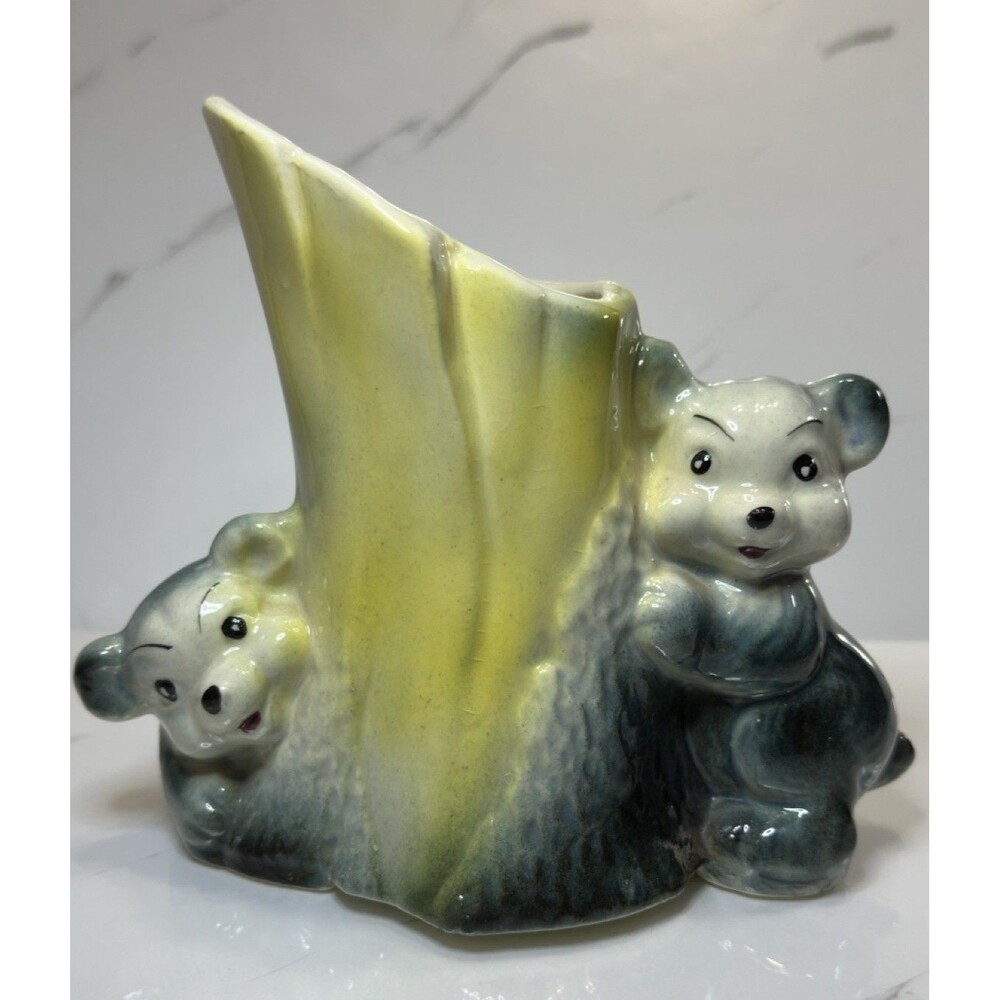 Vintage MCM McCoy Pottery Ceramic Figural Planter Vase-Bear Cubs, Tree Trunk